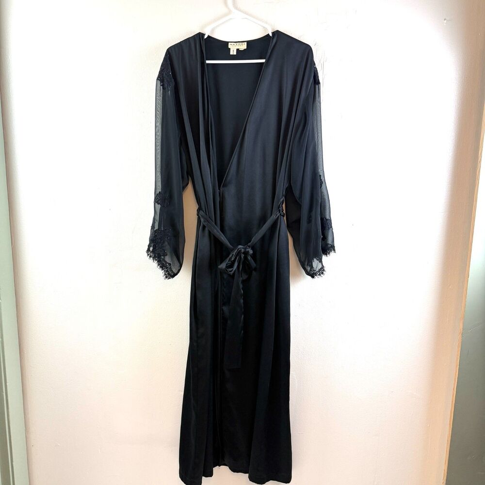Natori Black Satin & Lace Long Robe - Picture 1 of 15
